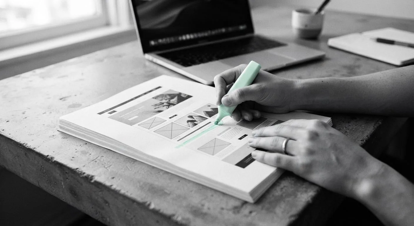 A hand marking up a printed page layout with a green highlighter.