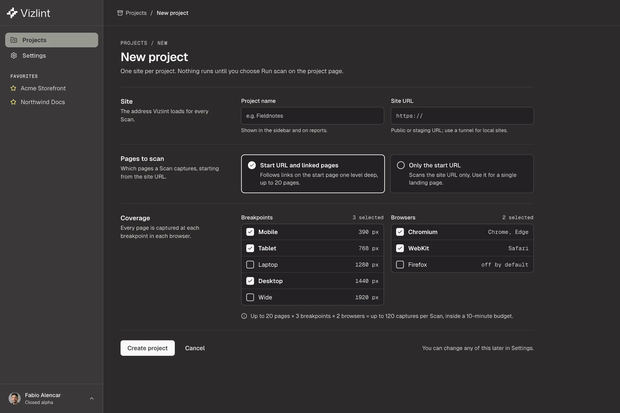 The new project form in Vizlint: a site URL, the widths to capture and the browsers to use.