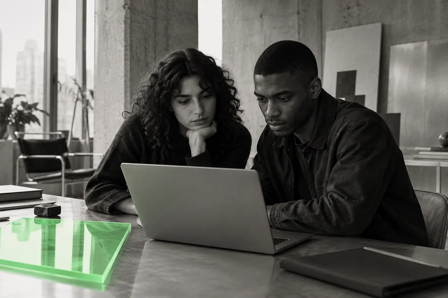 Two people reviewing a website together on a laptop.